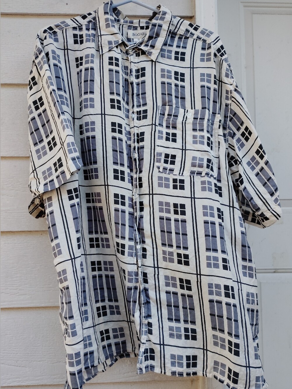 Vintage BOGARI Men's XL Button Down 100% Silk Shirt Graphic Blue Black Squares